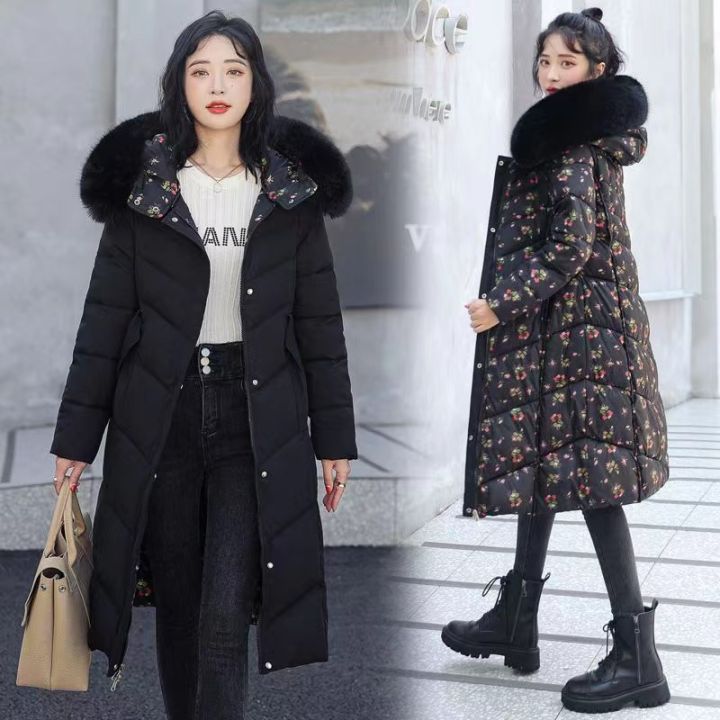 Double Side Down Cotton Jacket Fur Collar Hooded Parka Women