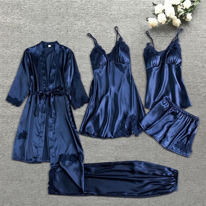 Sleepwear%20Female%205/4/2PCS%20Pajamas%20Set%20Satin%20Pyjamamas%20Lace%20Patchwork%20Bridal%20Wedding%20Nightwear%20Rayon%20Home%20Wear%20Nighty&Robe%20Suit%20-%20Image%205