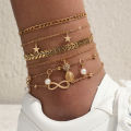 European and American stacking style fashion imitation pearl set anklets beach style star tassel pineapple pendant anklets 5 pieces. 