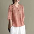 plus Size Women's Clothing New Retro Machine Embroidery Cotton Top Loose V Collar Half Sleeve Shirt Women's Shirt Pullover. 