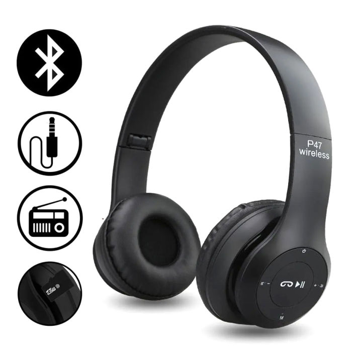 P47%20Stereo%20Head%20Mounted%20Bluetooth%20Headphones%20Multifunctional%20Headset%20Wireless%20Phone%20Speakerphone%20-%20Black%20-%20Image%203