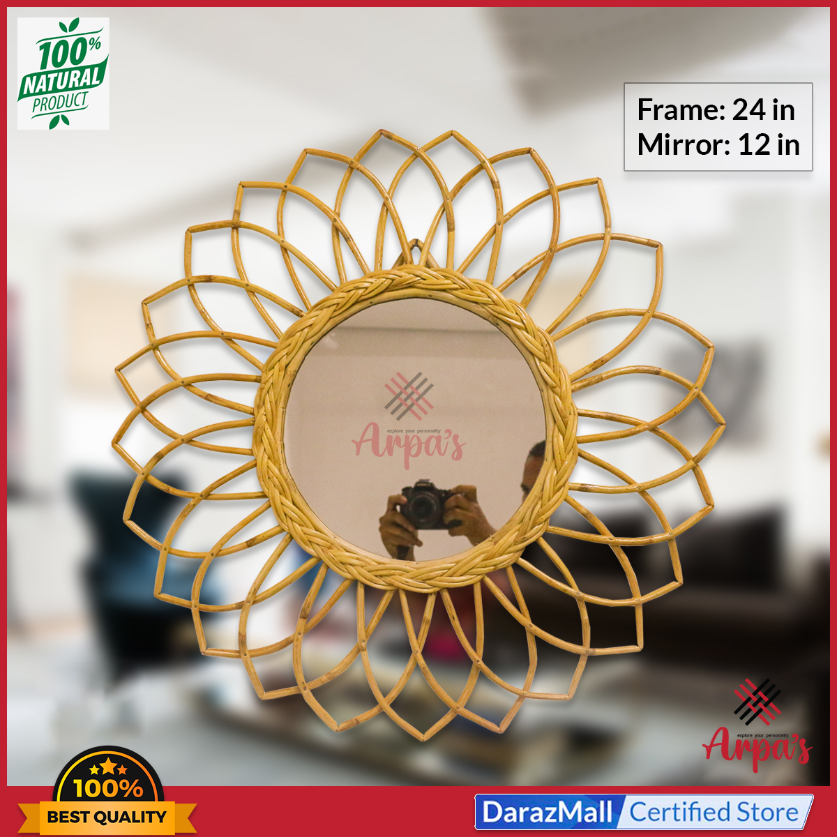Rattan-Made Handcrafted Exclusive Flower-Shaped Wall Mirror