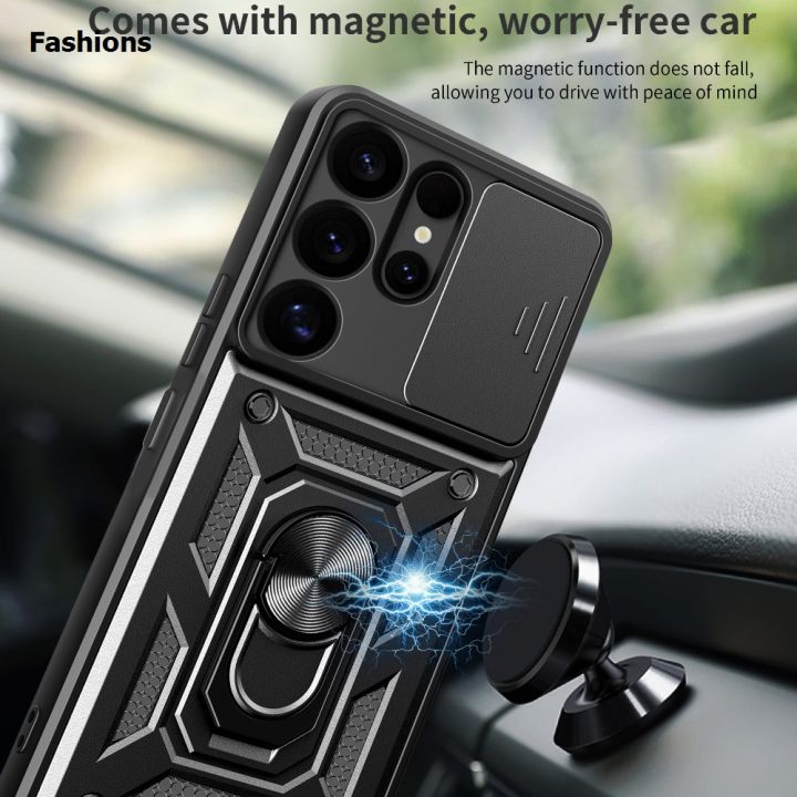 Fashions For Samsung Galaxy S25 S24 Ultra Case With Slide Lens Cover Rotating Ring Shockproof Stand Holder Phone Case for S25 S24 Plus