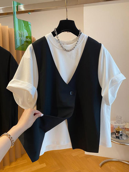 Fashion Two Piece T Shirt Women Niche Design Sense T-shirt Loose Casual Stitching Vest Button Short Sleeve Tshirt