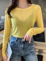 Women T Shirt See Through Transparent Mesh Tops Long Sleeve Sheer Slim Ladies O-neck Color Silk T-Shirt Lace Crop Top.