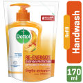 Dettol Handwash Re-energize 170ml Refill, pH-Balanced Liquid Soap formula.