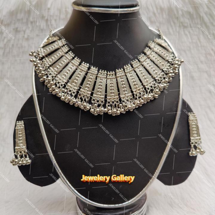 Traditional Antique Silver Party Bridal Choker Necklace and Earrings  Jewellery Set for Women