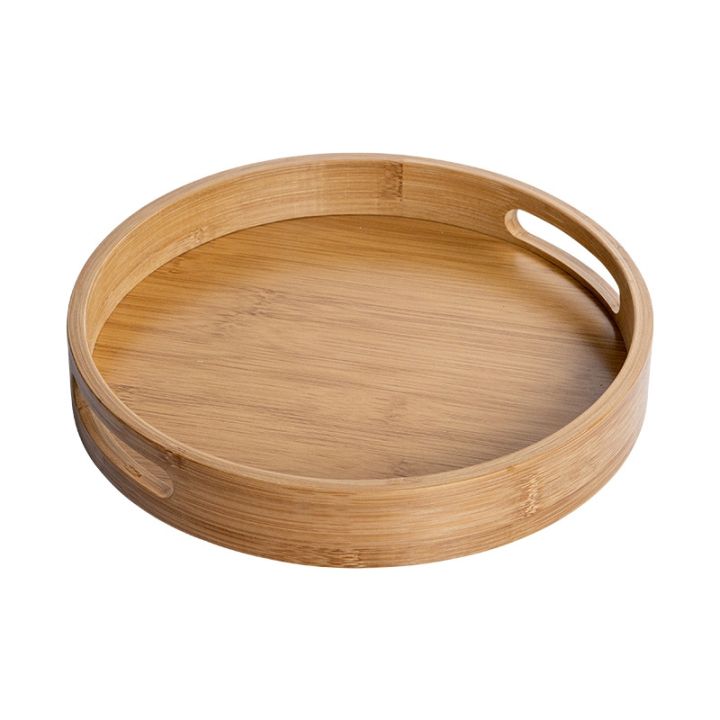 NAMUNY Round Serving Tray with Handles - Wooden Bamboo Circle Tray for Coffee Table, Food, Ottoman 11.81 Inch X 1.57 Inch