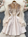 Women Beaded Vintage Dress Fashion High Waist Patchwork Gauze Elegant Dresses Ladies A Line Spring Autumn Apricot Robe Vestidos. 