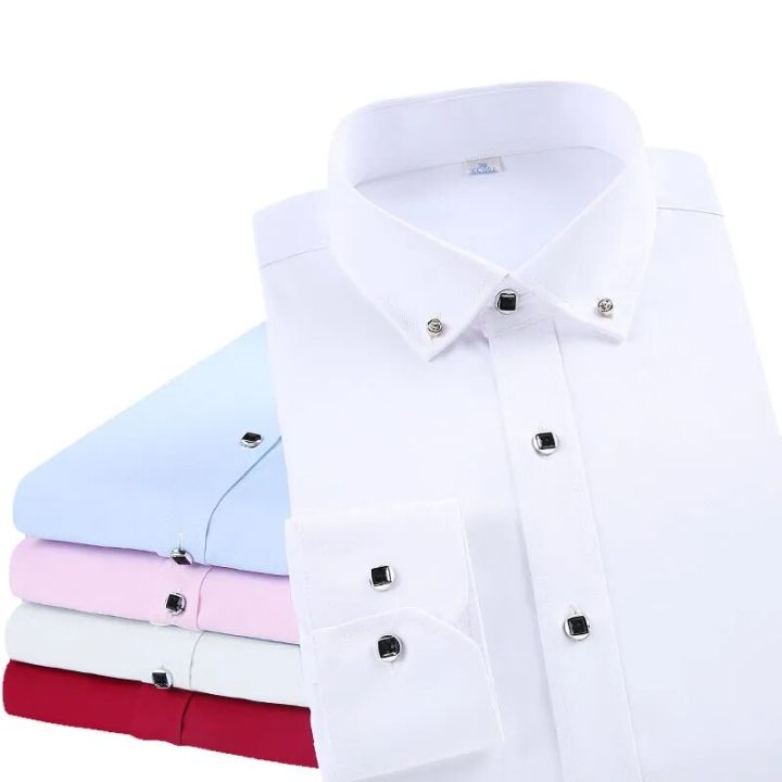 High Quality Men's Long Sleeve Shirt Dress Casual Solid Color Routine Fit Design Business Male Social Shirts White Blue Black