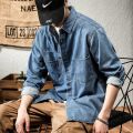 Spring and Autumn Washed Denim Shirt Men's American Retro Casual Korean Style Work Clothes Loose Ruffle Cool and Wild Shirt. 