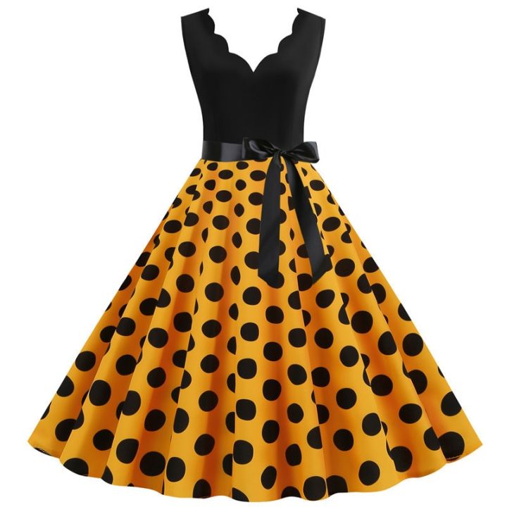 Women%20Retro%20Summer%20Dresses%2050s%2060s%20Rockabilly%20Sleeveless%20V-neck%20Polka%20Dot%20Bow%20Pinup%20Ball%20Grown%20Party%20Sundress%20Robe%20Vestidos%20-%20Image%204
