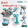 TOTAL 5 in 1 Combo Set with Circular Saw(140mm) + Compact Drill(66nm) + Impact Driver(285nm) + Lamp + Sander, Model: TOSLI241081  - Kings Trading. 