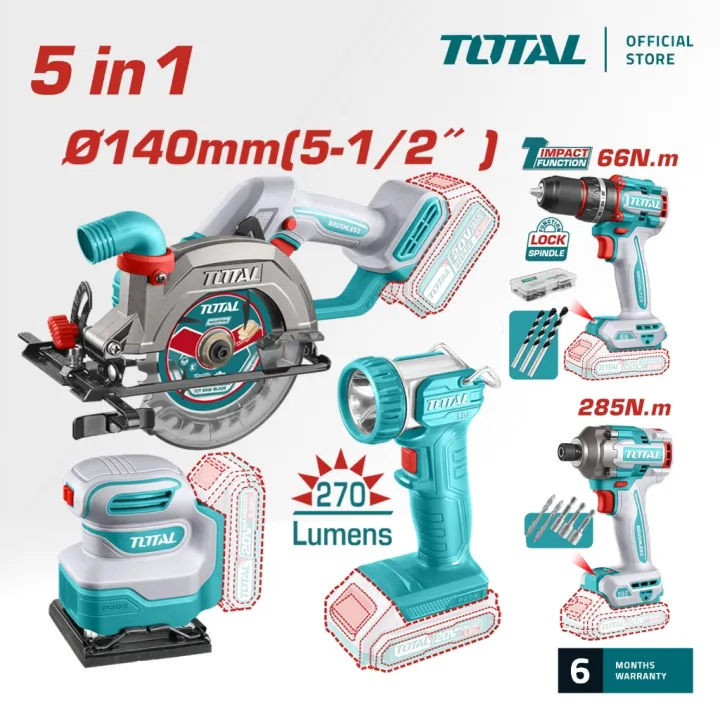 TOTAL%205%20in%201%20Combo%20Set%20with%20Circular%20Saw(140mm)%20+%20Compact%20Drill(66nm)%20+%20Impact%20Driver(285nm)%20+%20Lamp%20+%20Sander,%20Model:%20TOSLI241081%20%20-%20Kings%20Trading%20-%20Image%202