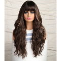 European and American Style Wig Black Brown with Bangs Big Wave Long Curly Hair Chemical Fiber Curls Highlighting Wig, Easy to Use. 