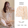 Spring and autumn new pajamas women's cardigans long sleeves trousers Korean girls simple cartoon loungewear sets. 