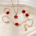 Lucky Five-petal Flower Clover Earrings Necklace Ring Bracelet Four-piece set for Woman Fashionable Accessories Party Jewelry. 