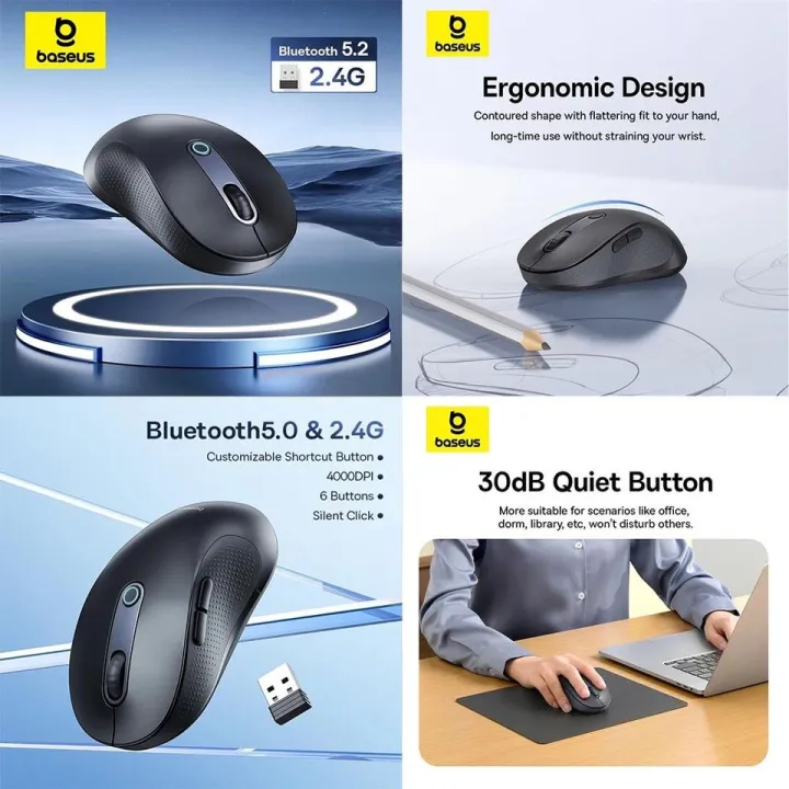 Baseus F02 Ergonomic Bluetooth + 2.4G Wireless Mouse | Daraz.com.bd