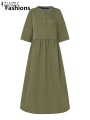 Fashions 【2025 Version】 ZANZEA Elegant Women OL Work Midi Dress Half Sleeve Sundress Solid Pleated A-line Vestidos O Neck Casual Buttons Up Robe. 
