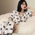 Summer Pajamas Women's Set Loose Korean Edition Large Size Printed Casual Ice Silk Short Sleeve Long Pants Home Fury. 