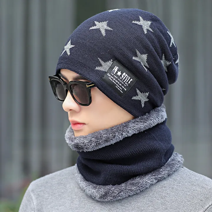 Wool%20Knitted%20Star%20Neck%20Warmer%20Winter%20Hats%20For%20Men%20Hat%20with%20Scarf%20Two%20Piece%20Monkey%20Cap%20Set%20-%20Image%204