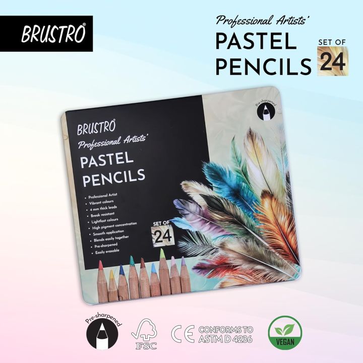 BRUSTRO Artists Pastel Colored Pencils - Set of 24 Shades - 4mm Lead | Break Resistant, Erasable, High Pigmented, Vibrant Colours | Ideal for Drawing, Mandala, Shading, Portrait, Fine Art Students