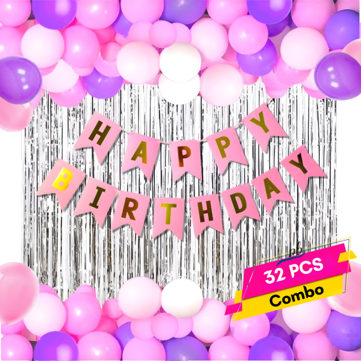 Happy Birthday Decoration Set with Pink Banner, Silver Foil Curtain, and Pink, Purple & White Metallic Balloons – Full Combo Pack (32 Pcs)