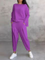 Women Set Long-sleeved Sweatshirt Harem Pants Two-piece Suit Casual Solid Color Pocket Trousers Outfit. 