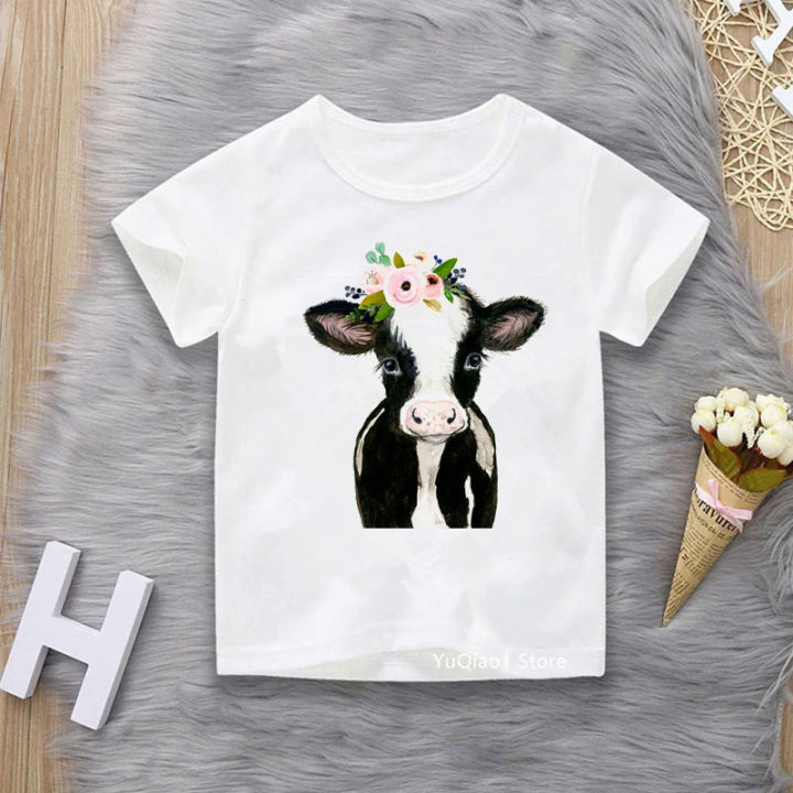 Harajuku kawaii floral cow animal print kids tshirt summer white baby girls clothes boys T-shirts comfortable tops graphic tees