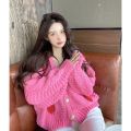 Korean gentle pink sweater cardigan women's spring and autumn sweet strawberry knitted thick jacket V-neck cropped top. 
