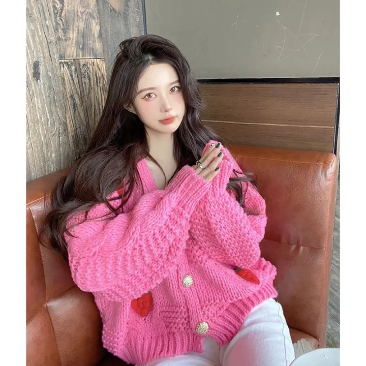 Korean%20gentle%20pink%20sweater%20cardigan%20women's%20spring%20and%20autumn%20sweet%20strawberry%20knitted%20thick%20jacket%20V-neck%20cropped%20top%20-%20Image%203