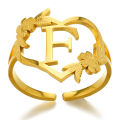 Stainless Steel Initials Flower Heart Rings Gold Color Adjustable Delicate Letter Leaf Rings For Women Girl Alphabet Jewelry. 