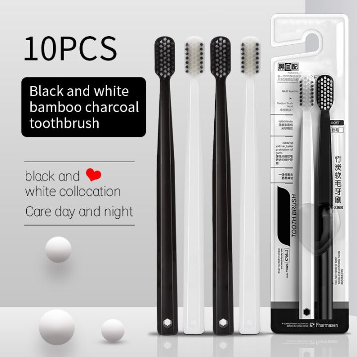 10PC Bamboo Charcoal Brush Silk Soft Bristle Toothbrushes, Black and White MEN'S AND WOMEN'S Adult Toothbrushes, Family Set