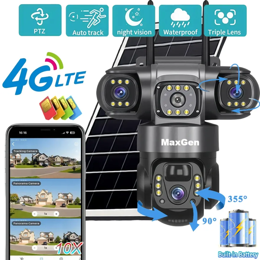 MaxGen VTS28-4G V380 PRO Three Lens Solar 4G Sim-Supported Battery Backup PTZ IP Camera 9MP Outdoor Waterproof 360 Degree Auto Tracking Color Night Vision Two Way Audio PTZ CCTV Camera 2 MaxGen VTS28-4G V380 PRO Solar IP Camera