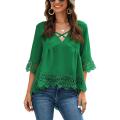 Women Summer Sexy Blouse, Irregular Half Sleeve Criss-Cross V-neck Hollow Out Lace Shirt.