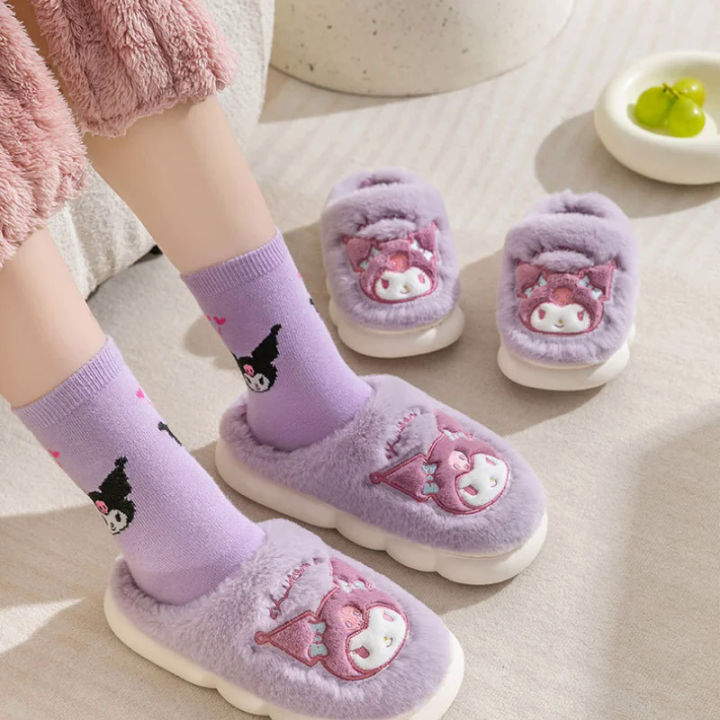 Sanrios Anime Kuromi Plush Slippers Warm My Melody Cartoon Anti Slip Wear Resistant Slippers Waterproof Cotton Shoes Girl Gift