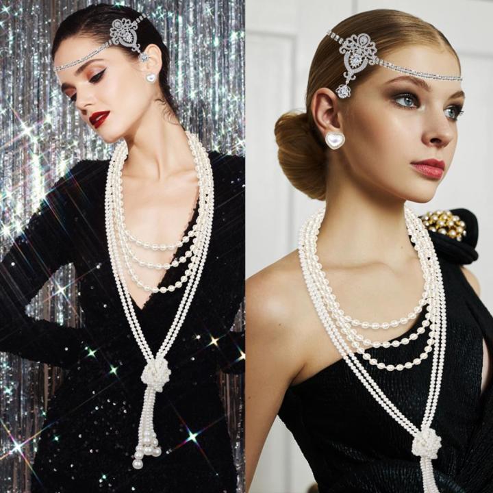 3Pcs%20Vintage%20Court%20Style%20Gatsby%20Jewelry%20Set%20Women%20Girls%201920s%20Vintage%20Costume%20Pearl%20Earring%20Necklace%20Hair%20Band%20-%20Image%203