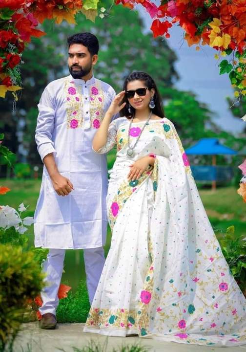 New Item Block Print Exclusive Designer Dhupiyan Saree And Dhupiyan Panjabi For Combo Couple Dress - Sharee For Women