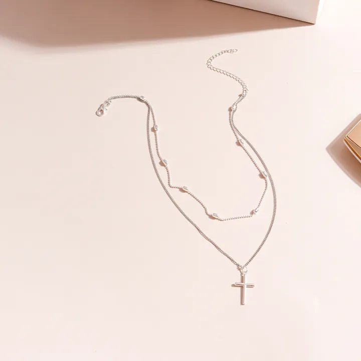 Women's%20jewelry%20necklace%20women's%20gold%20and%20silver%20retro%20cross%20pendant%20color%20multi-layer%20oval%20bead%20chain%20necklace%20simple%20-%20Image%206