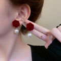 Wine Red Pearl Rose Flower Earrings Retro Wedding Ear Studs Chinese New Year Jewelry Earring Podazz. 