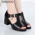 Women Sandals Summer New Med Heels Peep Toe Shoes Slippers Desiger Pu Casual Wedding Pumps Shoe Woman. 