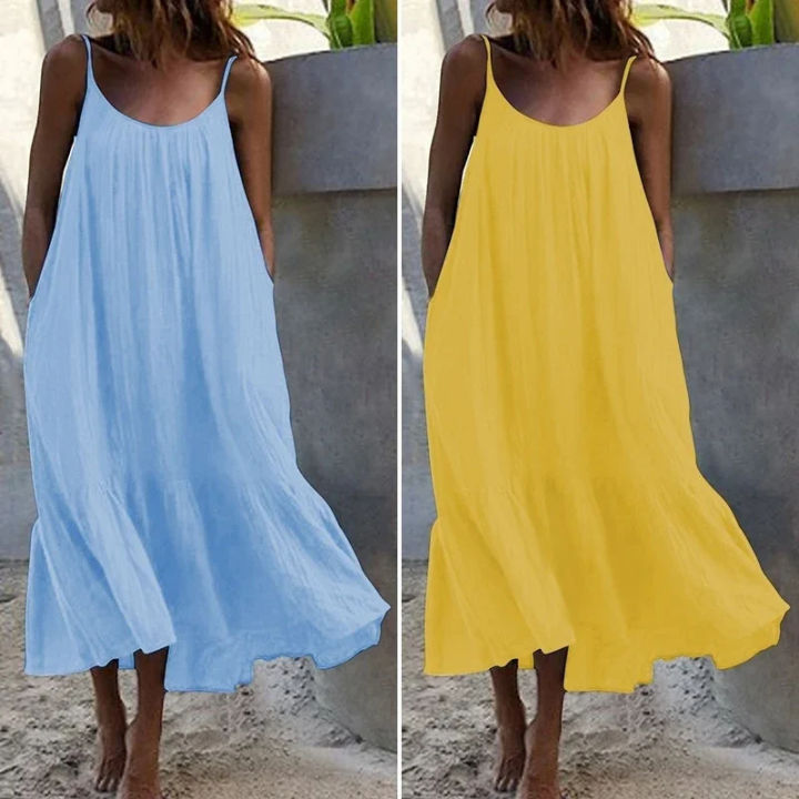 Summer Dress Beach Vacation Wear For Women Casual Sling Solid Color Sleeveless U-neck LooseMaterial Composition