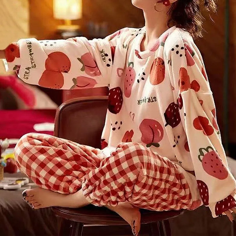 Winter Pajamas Women Korean Sleepwear Cute Cartoon Flannel Pajamas