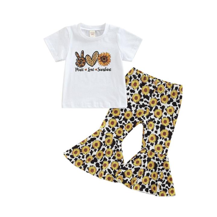 Eligible Little Girls 2Pcs Outfits, Short Sleeve Pattern Letter Print Round Neck Pullover + Elastic Waist Sunflower Print Trousers