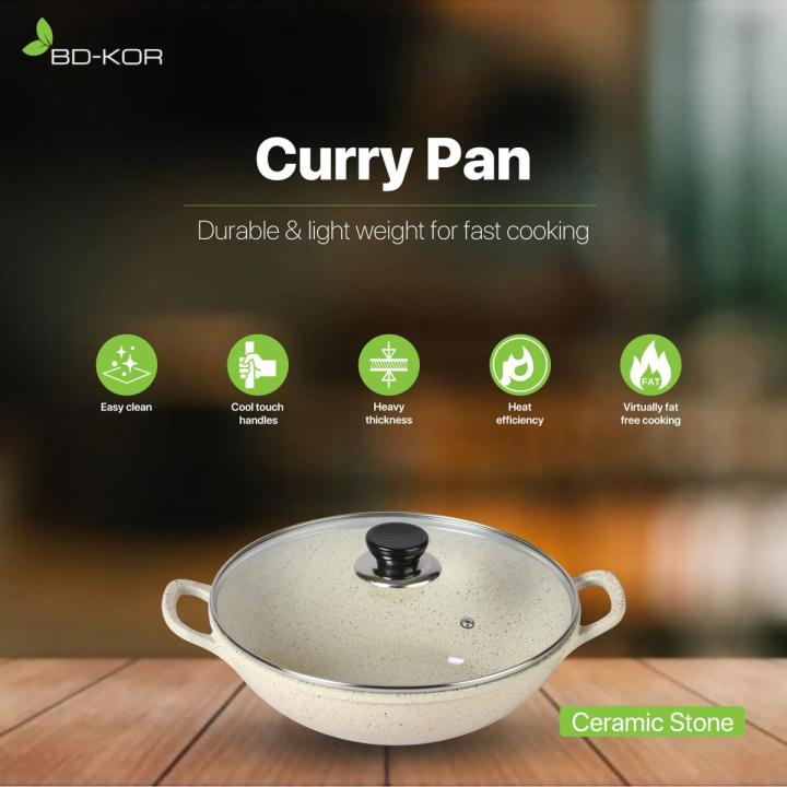 BD-KOR CURRY PAN 26CM Non-Stick Premium Marble Coating with Glass Lid