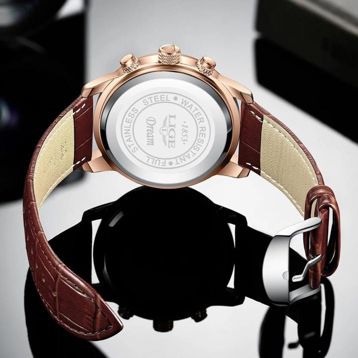 LIGE Watches Mens Top Brand Luxury Clock Casual Leathe 24Hour Moon Phase Men Watch Sports Waterproof Quartz Chronograph+Box