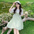 Japanese Sweet Girl Fake Two-Piece Doll Collar Dress Female Students Summer Waist Slimming A Floral Skirt.