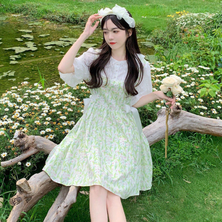 Japanese%20Sweet%20Girl%20Fake%20Two-Piece%20Doll%20Collar%20Dress%20Female%20Students%20Summer%20Waist%20Slimming%20A%20Floral%20Skirt%20-%20Image%203