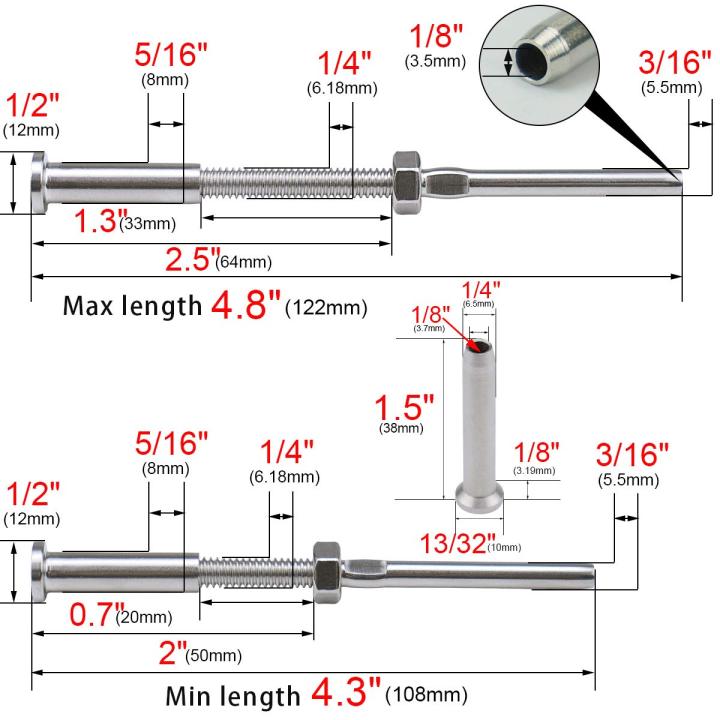 Practical%20product%20Stemball%20Swage%20and%20Invisible%20Hex%20Head%20Threaded%20Stud%20Tension%20End%20Fitting%20Terminal%20Combination%20Pack%20for%201/8%20Inch%20Cable%20Railing%20Kit%20System,T316%20Marine%20Grade%20Stainless%20Steel%2010%20Pairs%20-%20Image%205