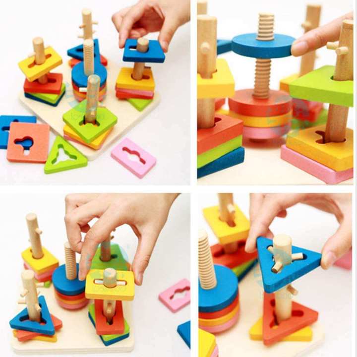 Wooden Five Column Set Blocks Geometry Puzzles Educational Toys For Kids - Multicolors